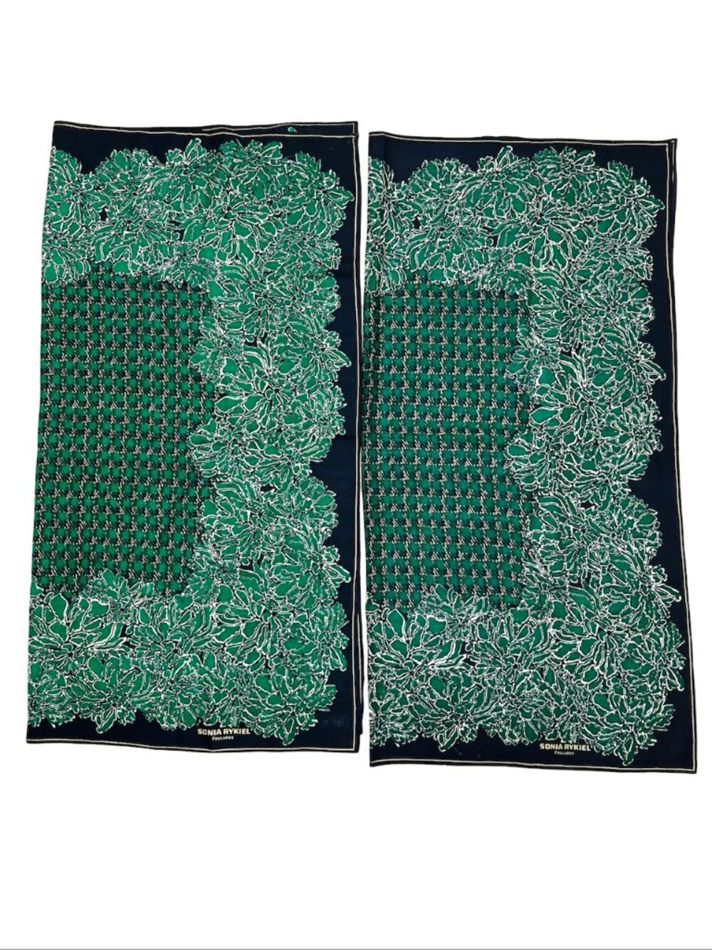 A Pair SONIA RYKIEL Foulards Scarf Shawl 42"  Black White Green Gold Floral  (25 - Picture 12 of 16